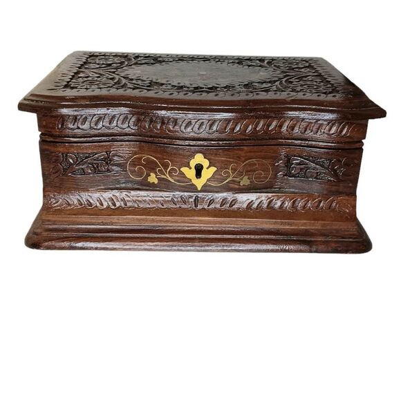 Handcarved Wood Jewlery Box Inlaid Ornate Floral Design - Picture 1 of 12